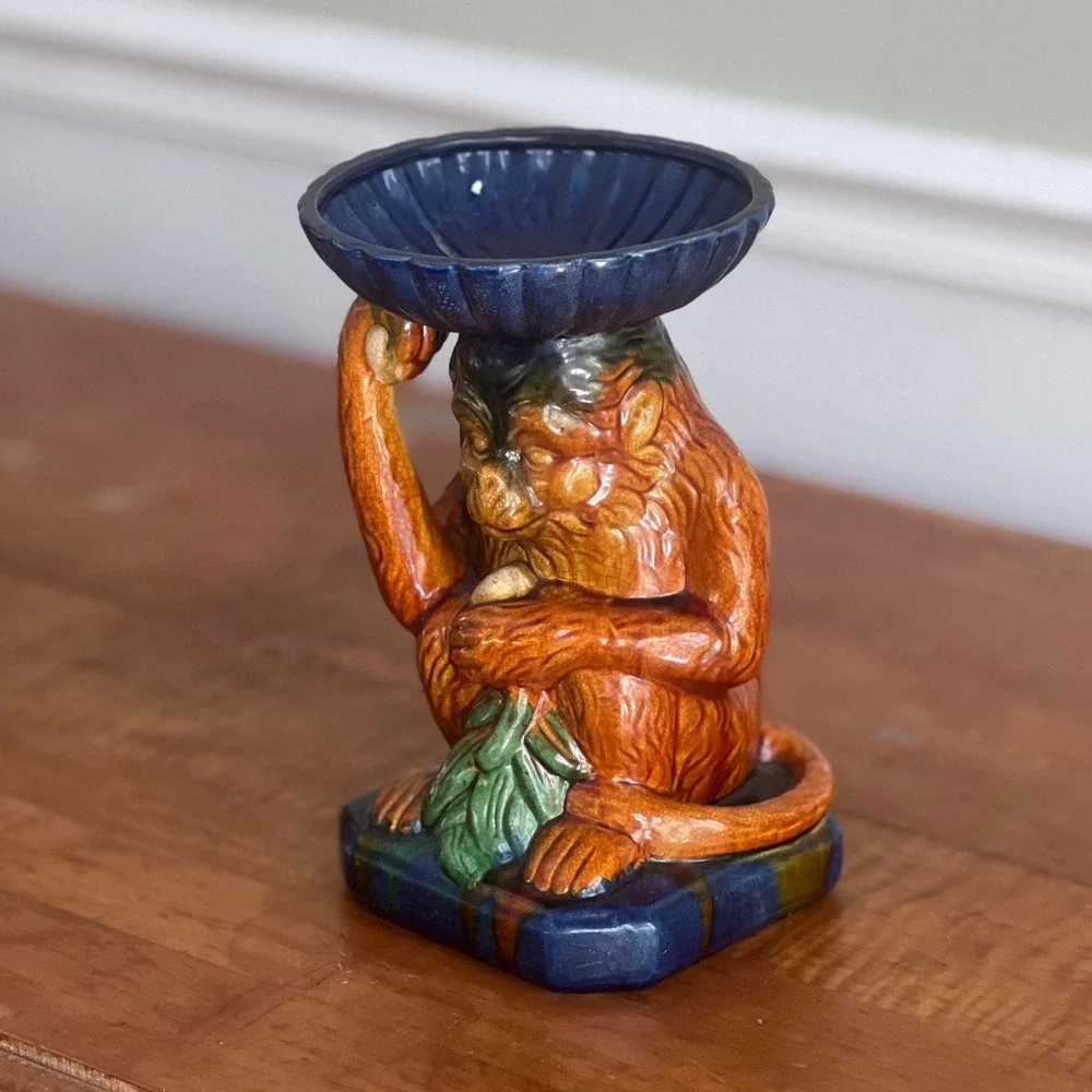 Majolica Monkey Figural Candle Holder Scalloped Bowl Blue Orange‎ Glazed Vintage